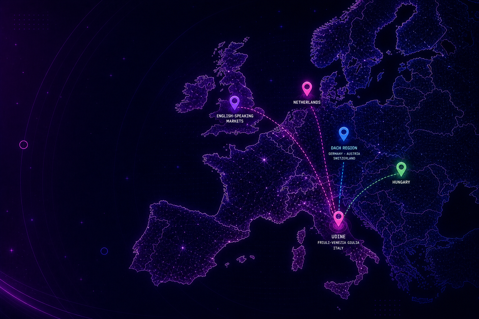 Kaart van de Europese werkomgeving van Studio VN vanuit Italië