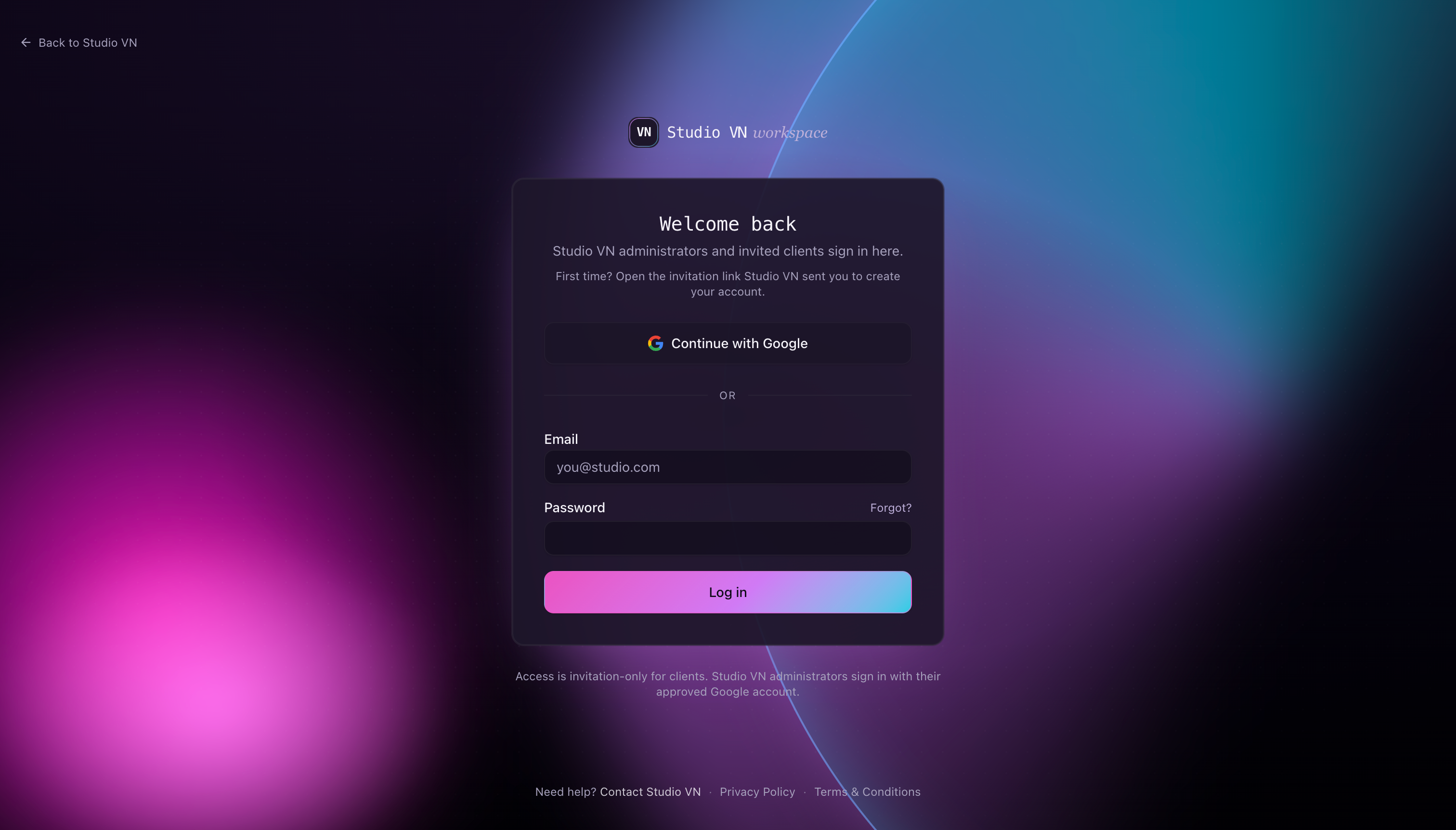 Studio VN Workspace authentication interface with invitation-based access
