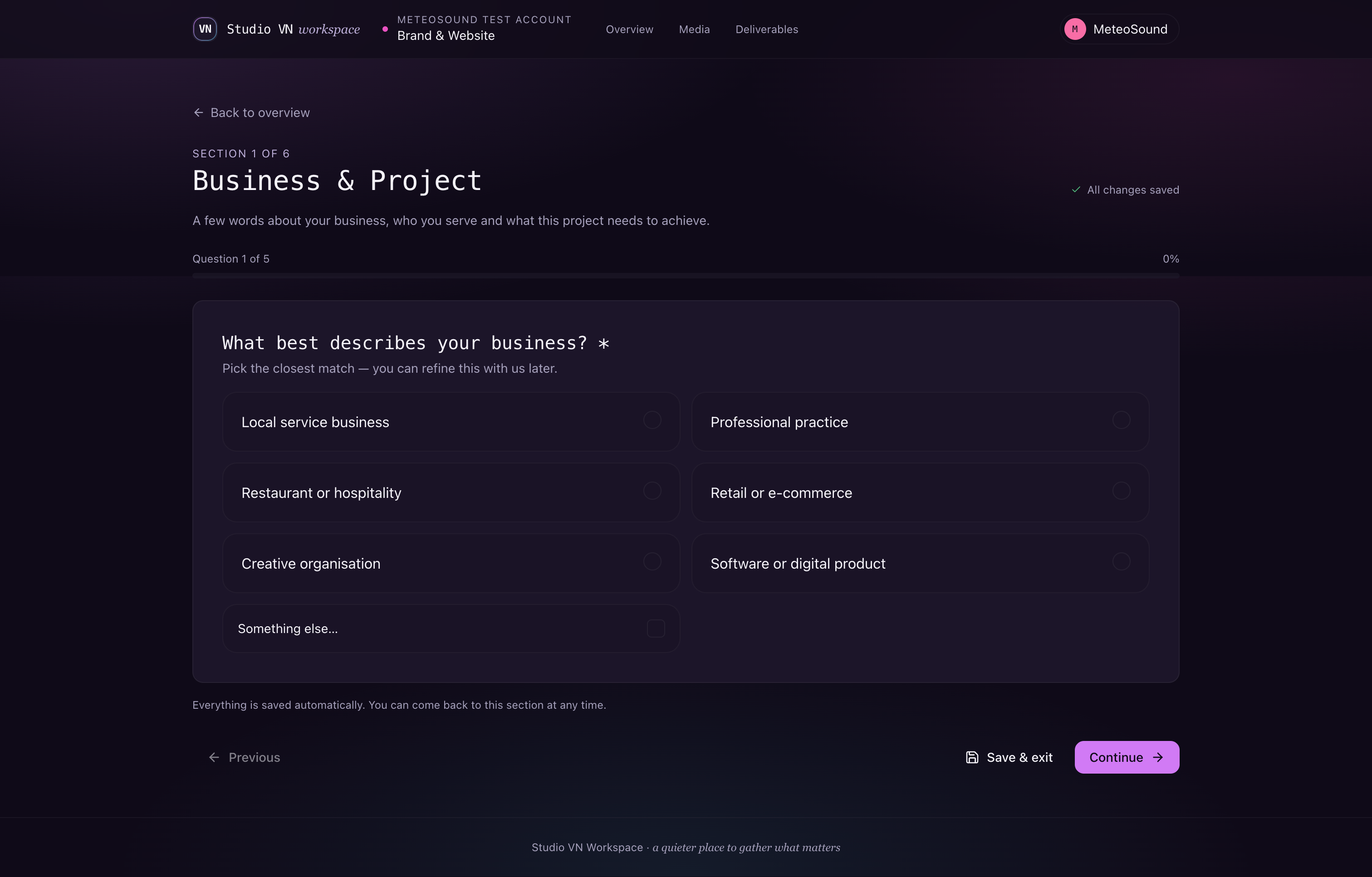 Studio VN Workspace structured project onboarding questionnaire