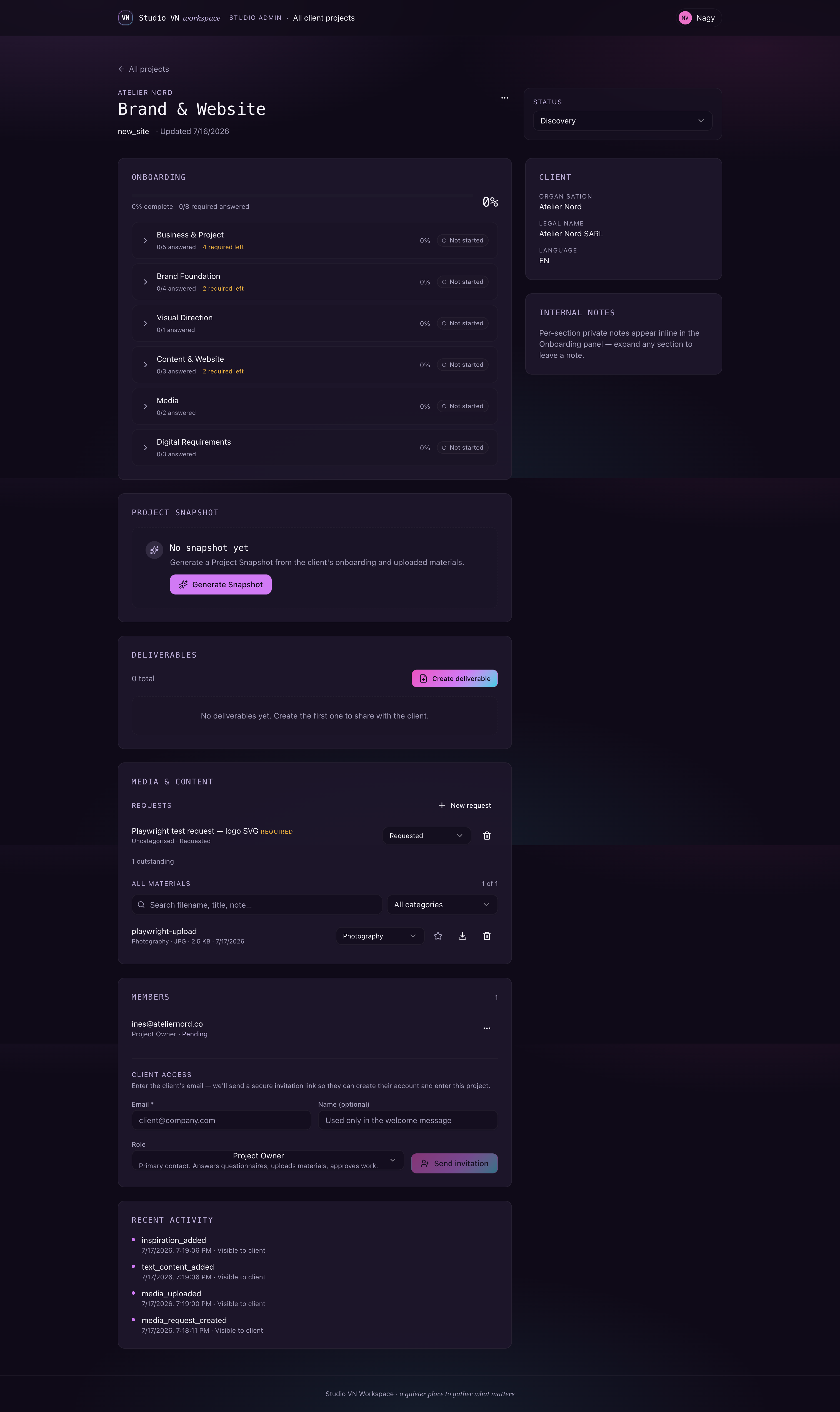 Studio VN Workspace studio administration project dashboard